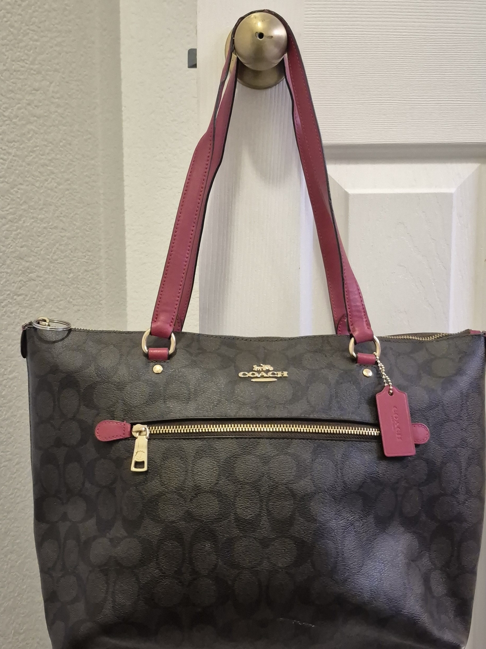Coach Brown Signature Tote with red Leather Accents